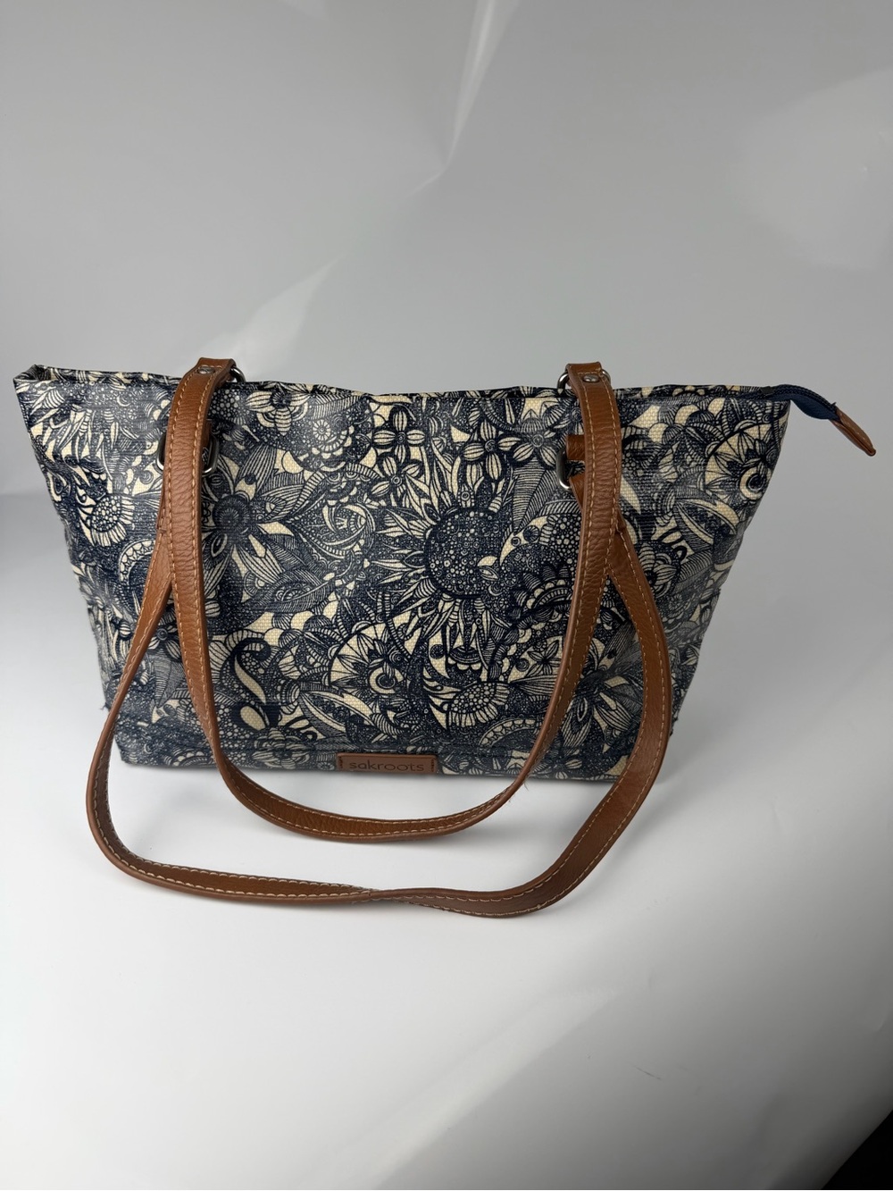 Sakroots Floral Canvas Tote Bag Brown Leather Straps Zip Top - Picture 6 of 14